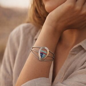 Vintage S.E. Sterling Silver Multi Stone Inlay Cuff Bracelet Turquoise Coral Lap